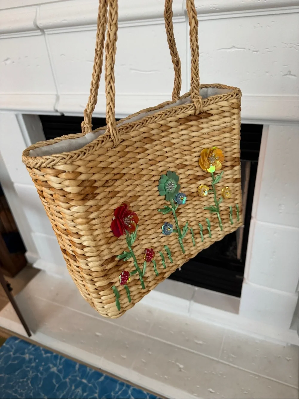 Vintage Straw Tote with Red, Green, Yellow & Blue Floral Accents